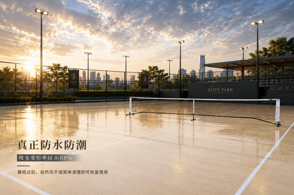 唯美康生物基運動地板戶外球場防水展示，吸水變形率僅0.08%，雨后簡單清理即可繼續使用